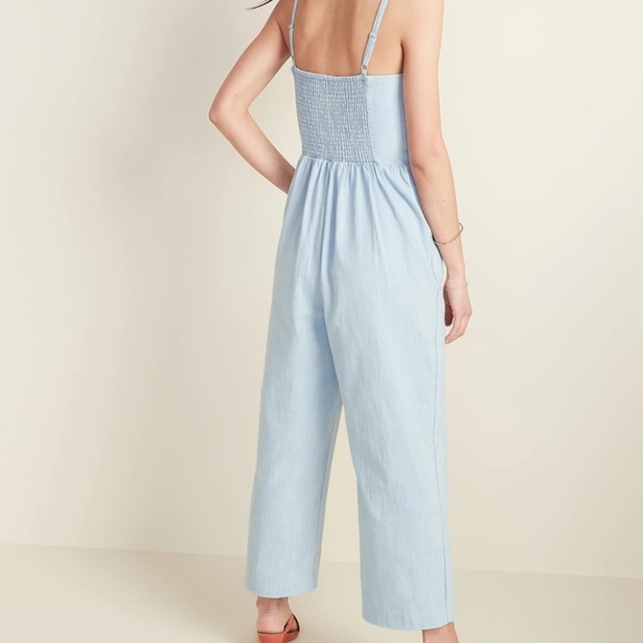 Old Navy Light Wash Chambray Button Front Straight Leg Jumpsuit - Picture 2 of 6